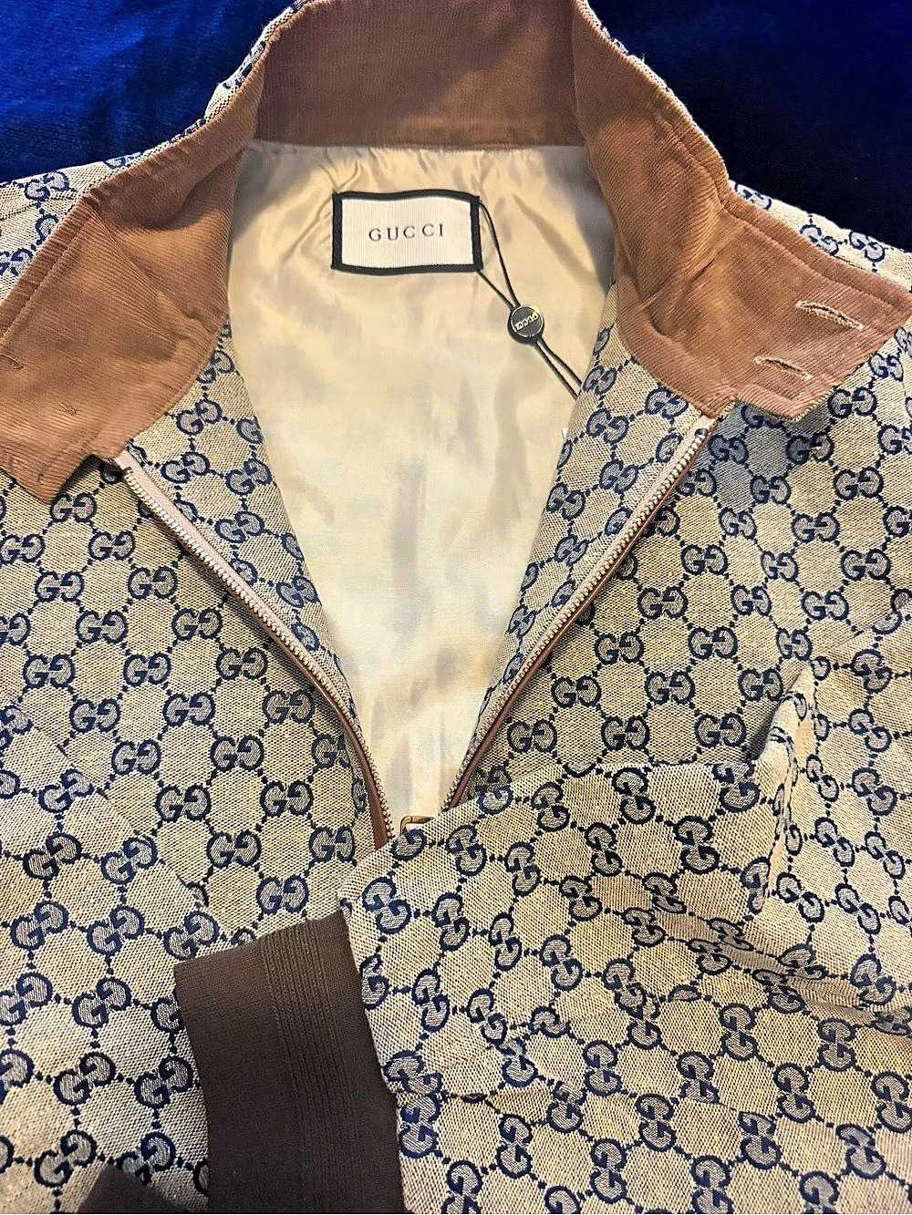 Gucci GG Canvas Zip Jacket in Beige & Blue Like New
